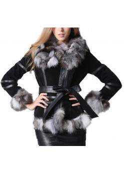 Shearling Sheepskin Lamb Fox Fur Jacket Coat Size S M Women's Black